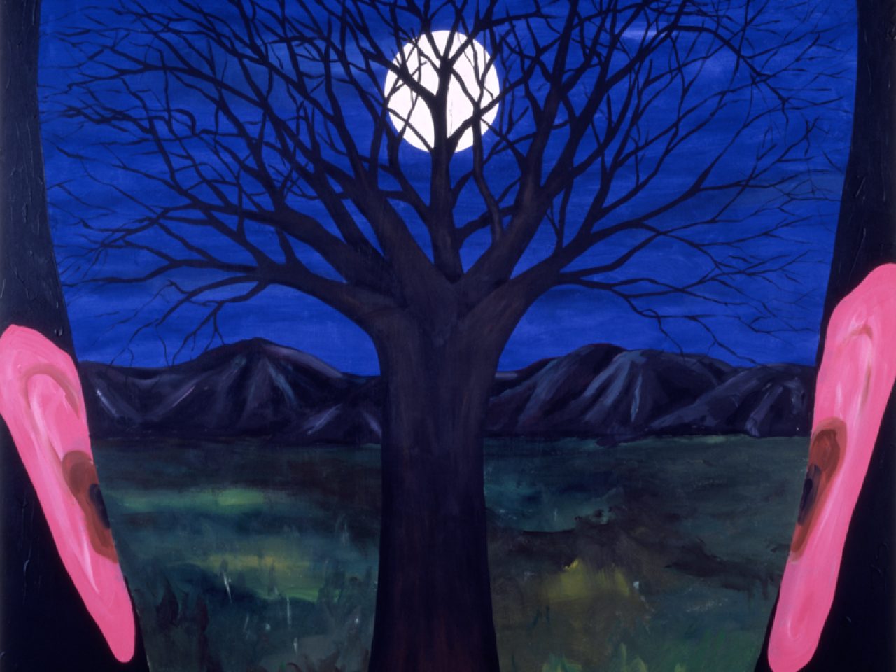 artwork showing a human head with a painting of a tree at night with the moon overhead