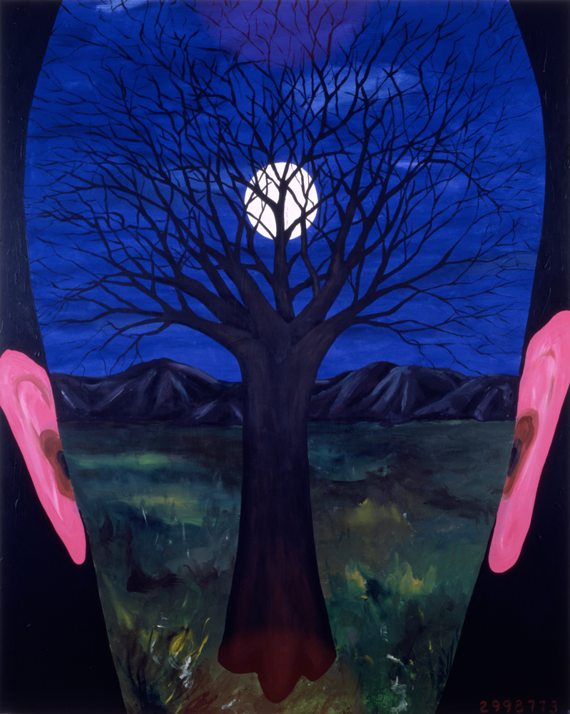 artwork showing a human head with a painting of a tree at night with the moon overhead