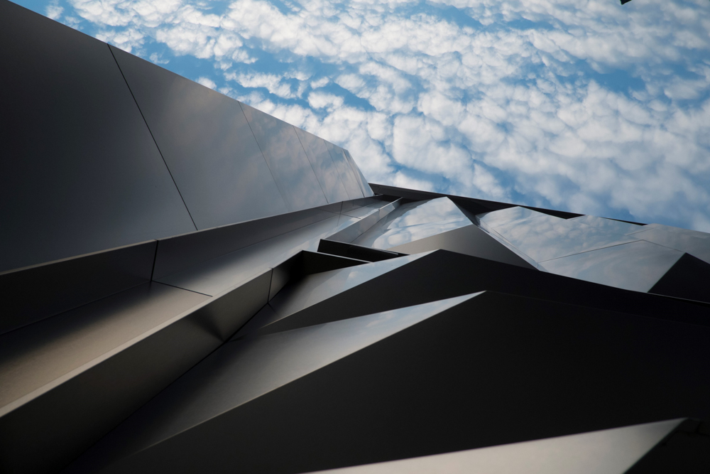 Photo of the side of the Broad Art Museum looking up into the sky