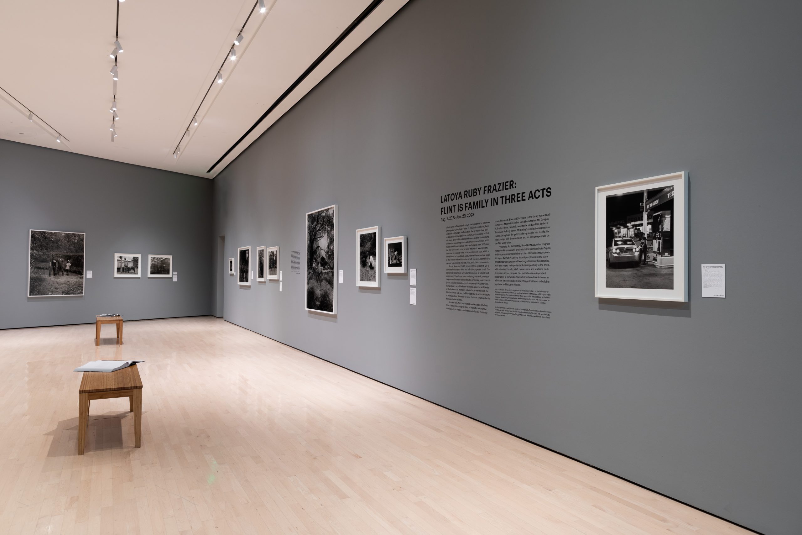 A gallery shot of the installation of LaToya Ruby Frazier: Flint Is Family In Three Acts at the museum.