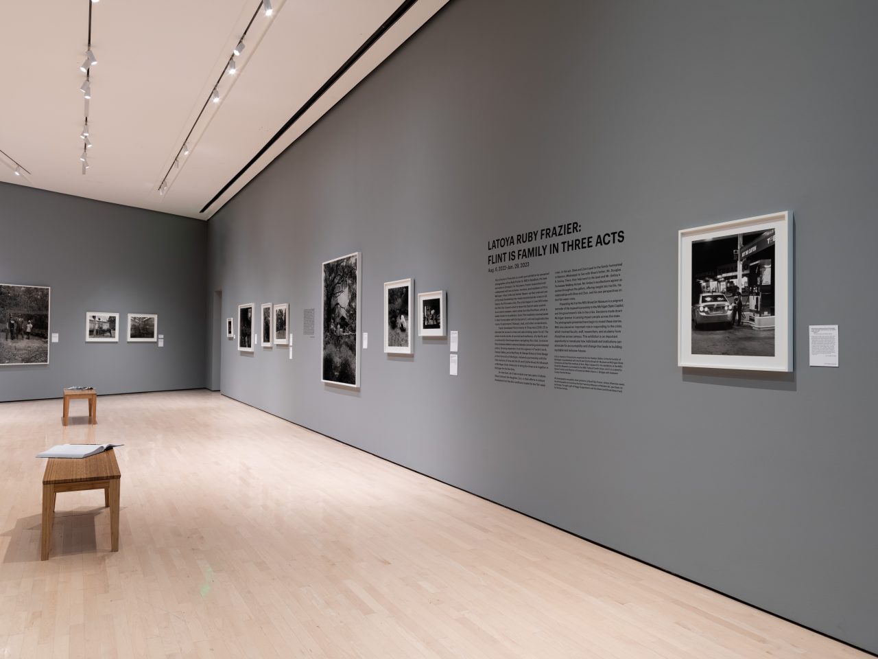 A gallery shot of the installation of LaToya Ruby Frazier: Flint Is Family In Three Acts at the museum.