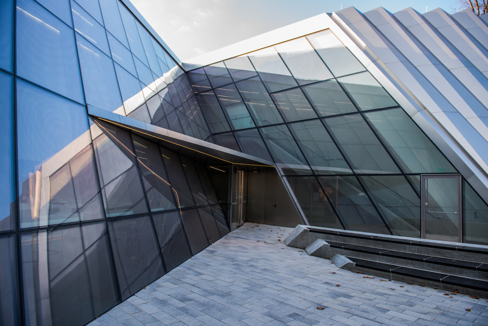An exterior shot of the MSU Broad Art Museum's east entrance.