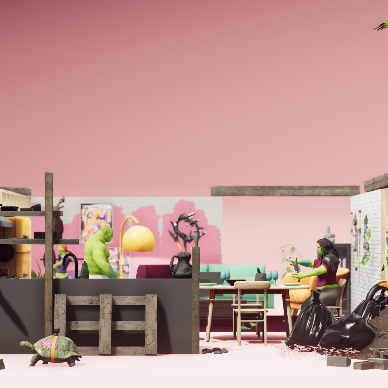 Screenshot of OrkHaus, a digital artwork of ogres in a messy home.