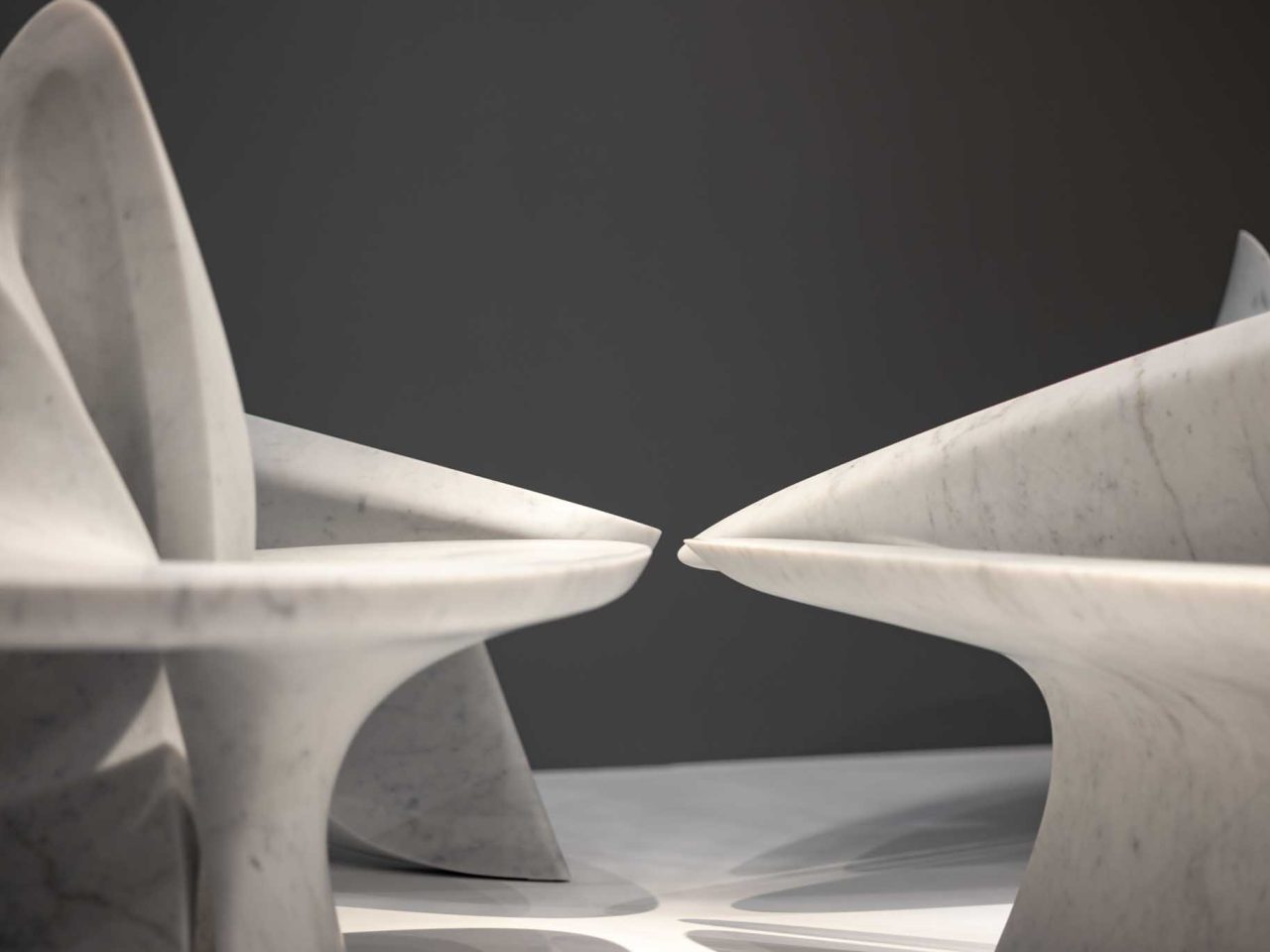 Close up image of two organic marble benches