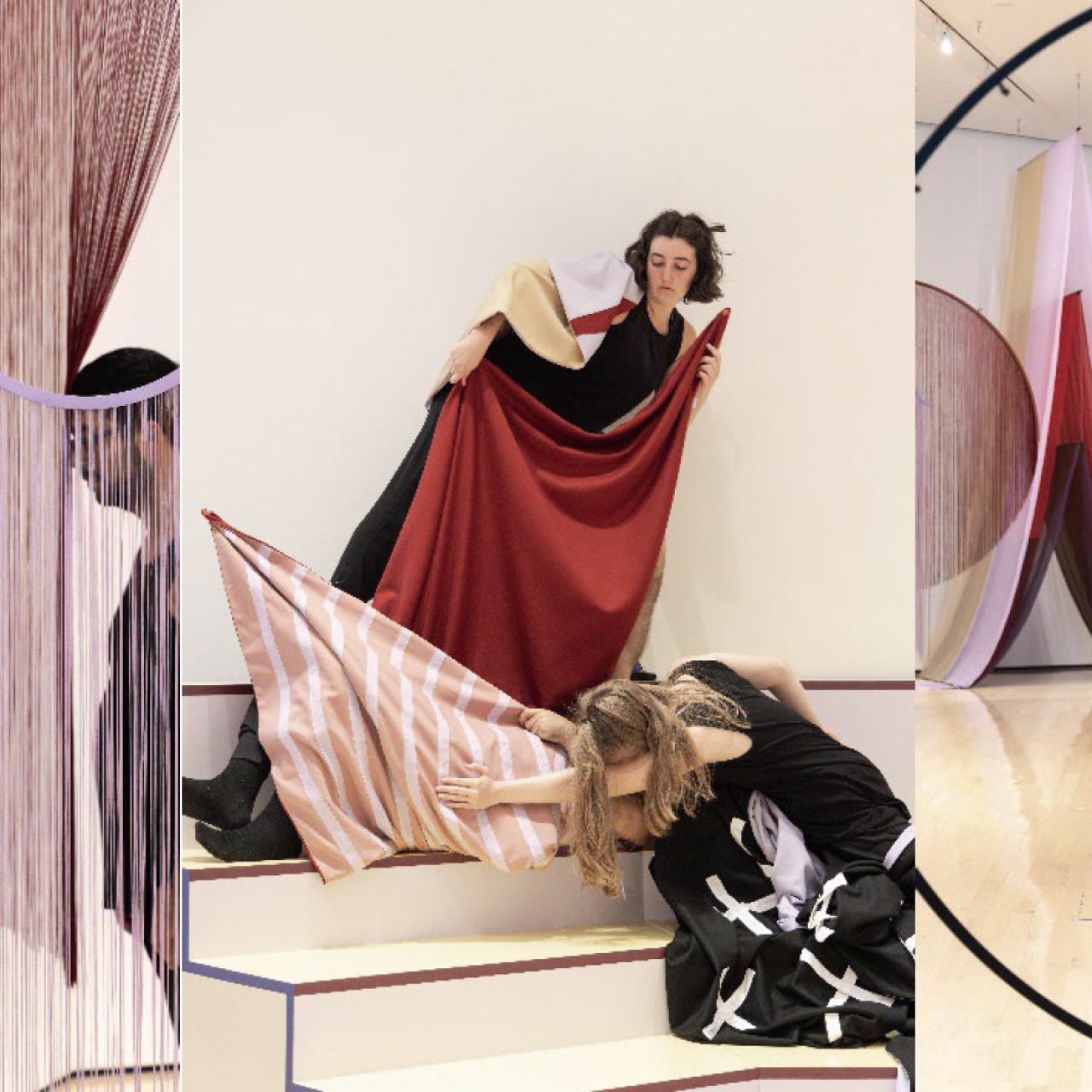 3 shots of performers in the Andrea Canepa exhibition