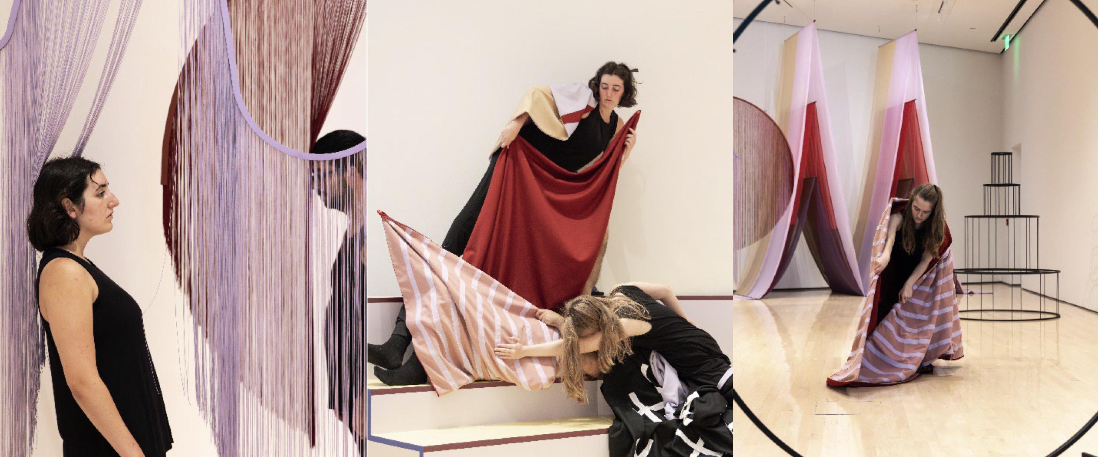 3 shots of performers in the Andrea Canepa exhibition