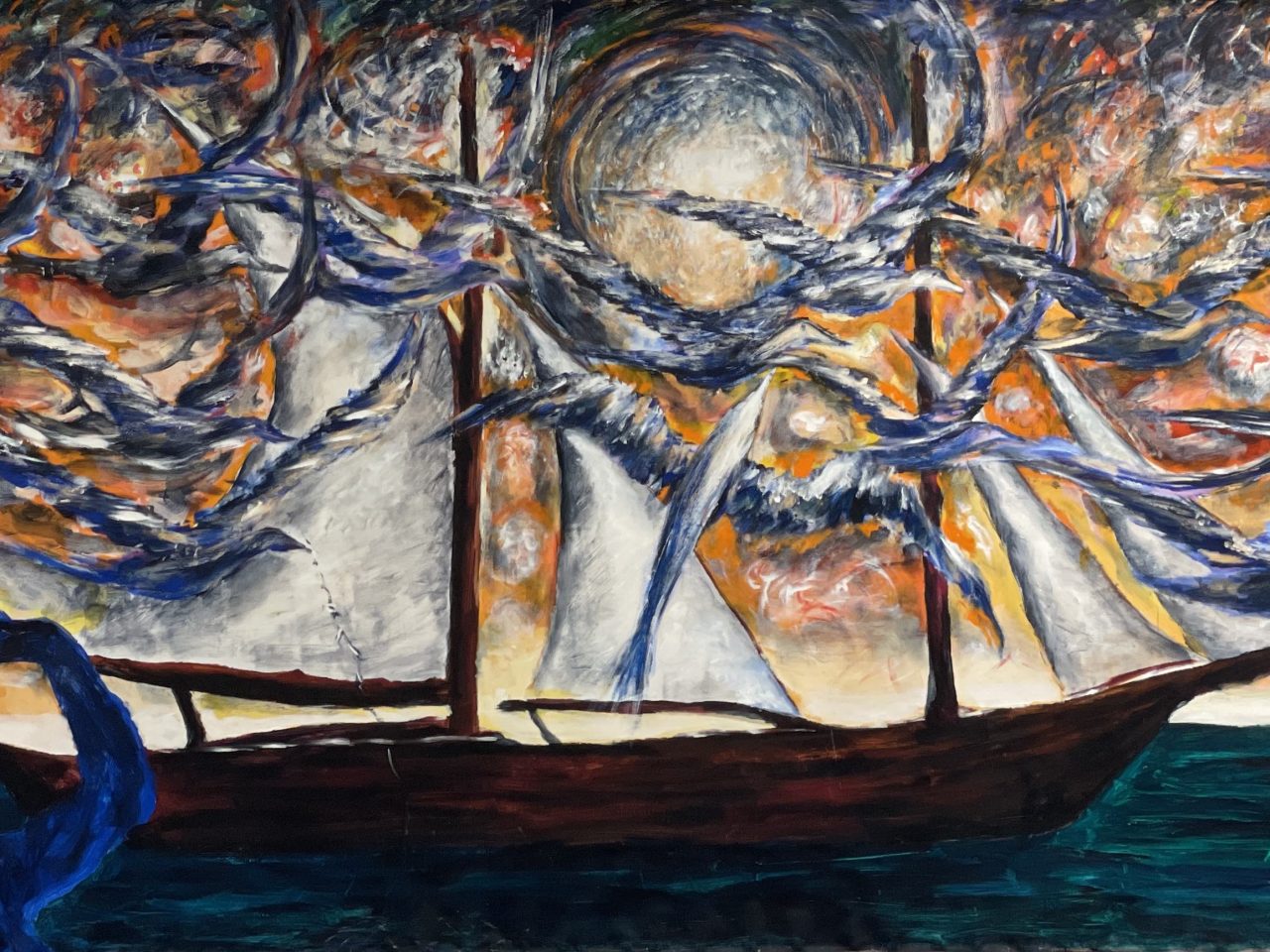 Dark painting of birds over a boat in water