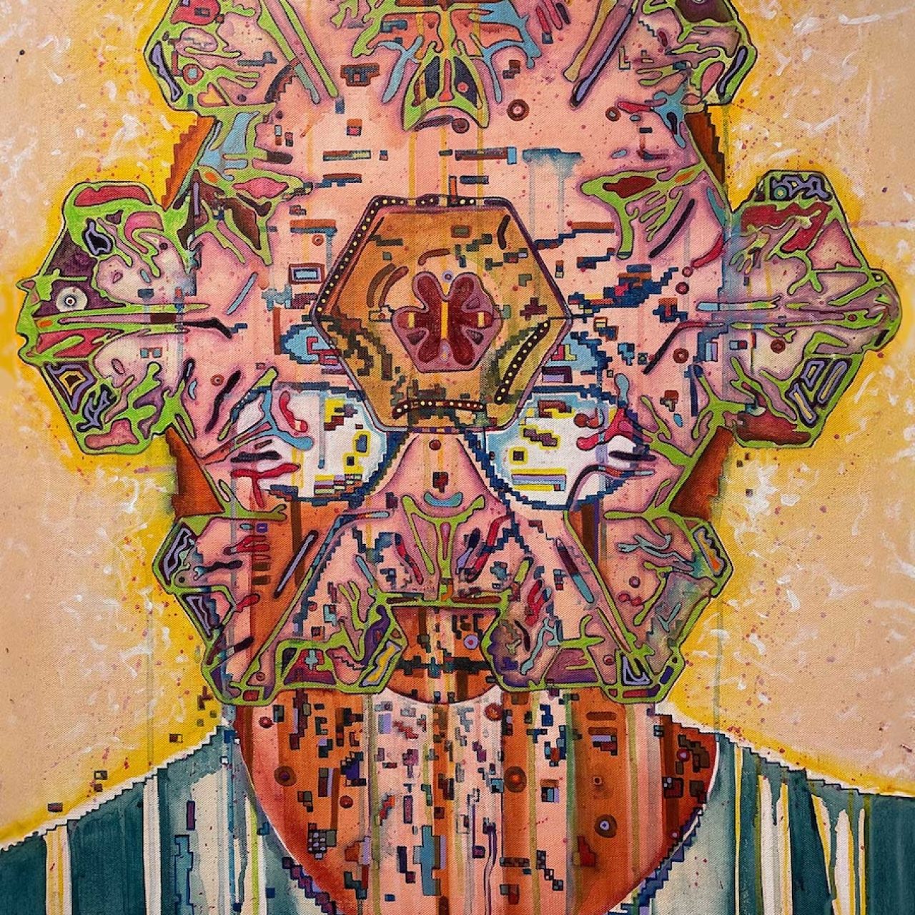 Colorful abstract painting resembling a human face