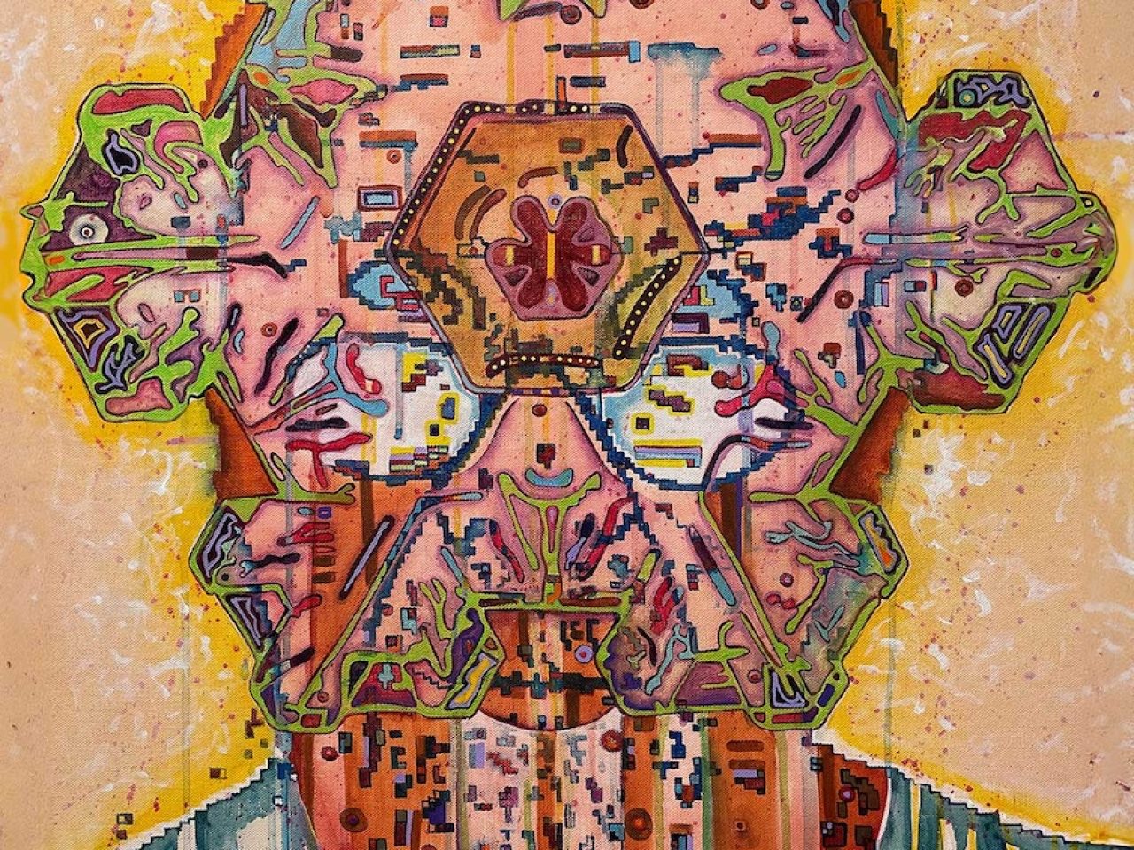 Colorful abstract painting resembling a human face