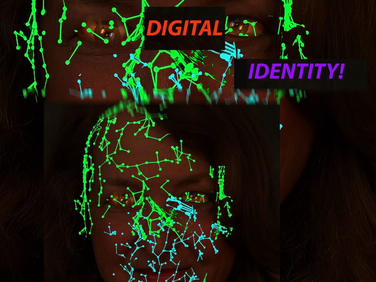 Dark portrait with lime green graphics. Overtop are purple and red words saying 