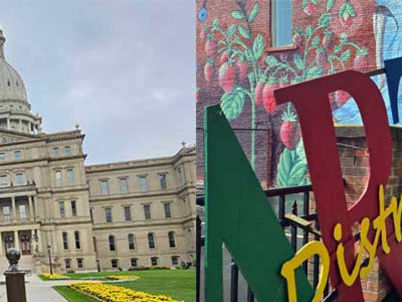 Capital building next to art sign