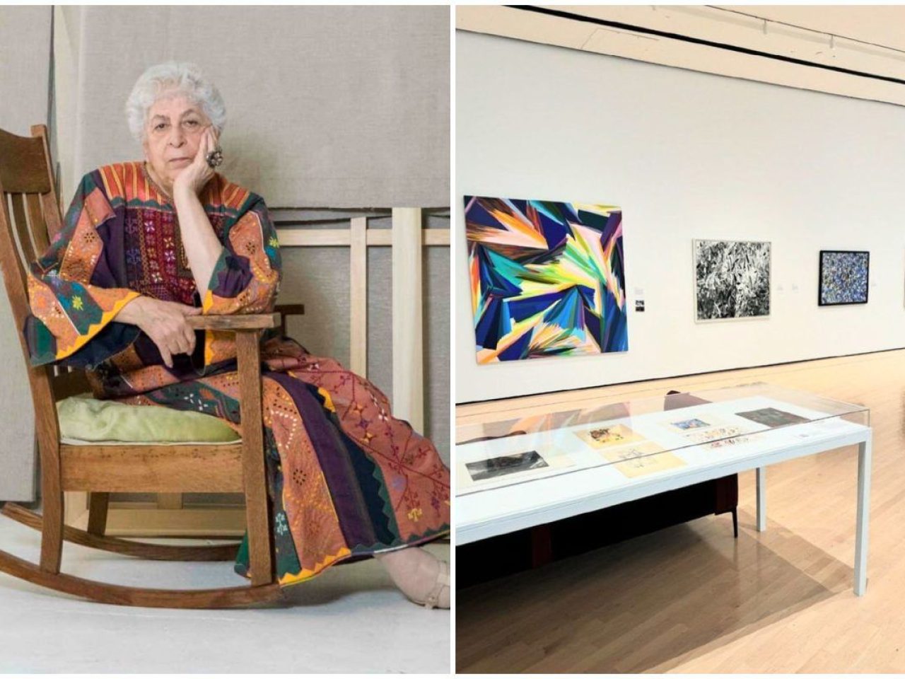 A photo of an older woman sitting in a chair next to a second photo of art on the wall