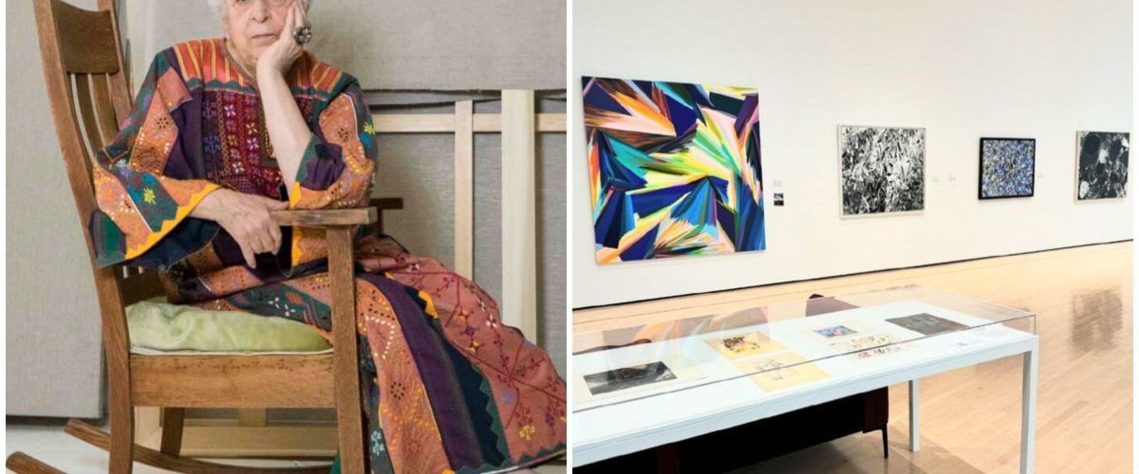 A photo of an older woman sitting in a chair next to a second photo of art on the wall